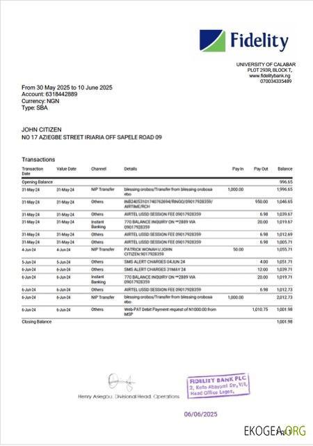 Modèle Word et PDF de relevé bancaire Nigeriania Fidelity, version 2